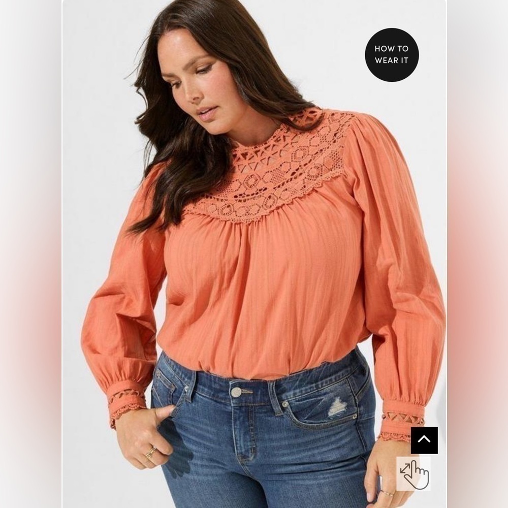 Cotton Lace Trim Yoke Blouson Sleeve Top - Apricot Brandy Orange Size 1 - Picture 3 of 6